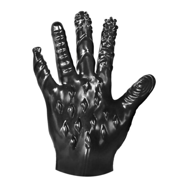 Sleek black hand sculpture with intricate textures, symbolizing creativity and human connection.