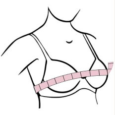 Illustration minimaliste du torse d'une femme avec un mètre ruban rose pour la taille du soutien-gorge.