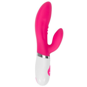 Vibrateur lapin rose vibrant en silicone lisse, au design incurvé, avec de multiples réglages pour le plaisir.