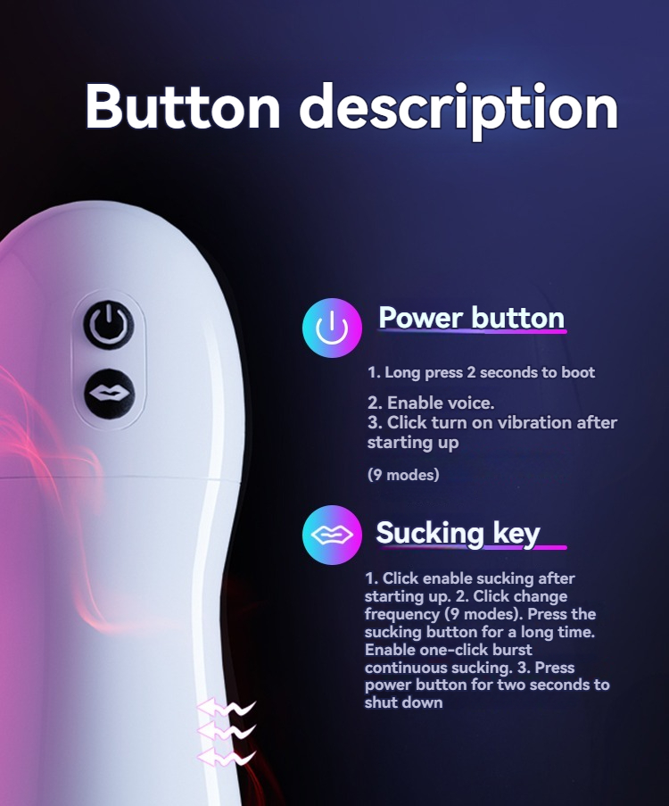 Sleek device buttons for power and suction features on a modern sextoy guide image.