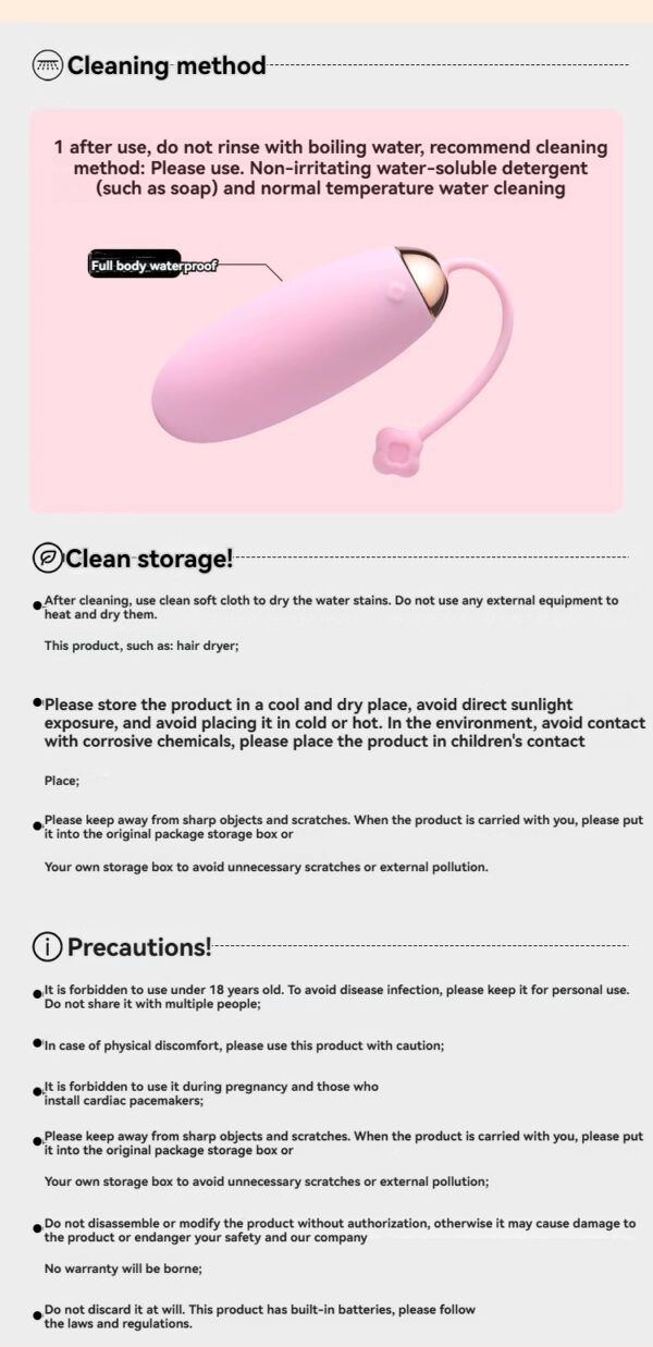 Proper cleaning and storage instructions for intimate care devices.