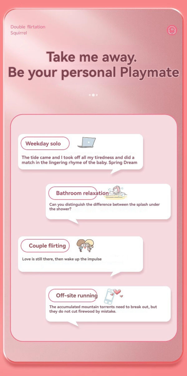 Playful app interface promoting flirtation, self-care, and intimate experiences for couples and solo users.