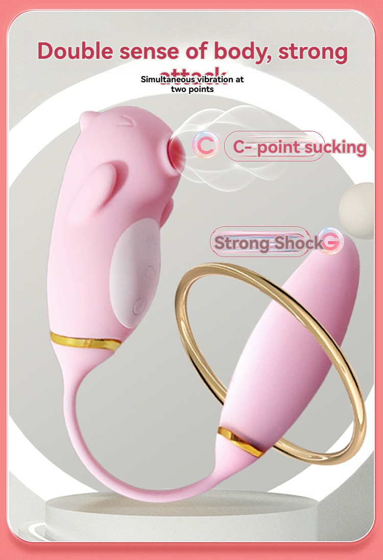 Playful pink silicone dual-function massager with C-point sucking and Strong-Shock features.