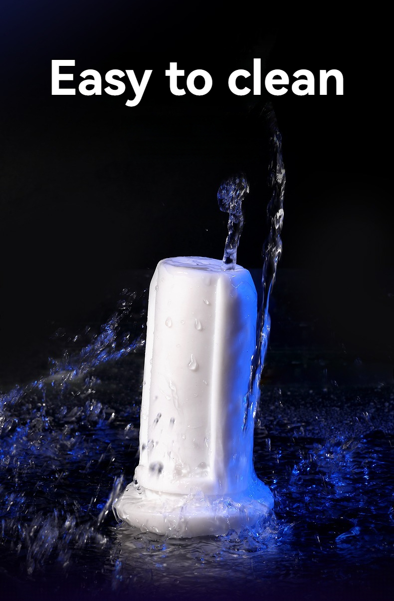 Sleek white soap dispenser with water splashes; easy to clean for ultimate hygiene.