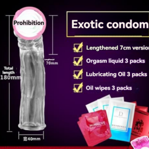 Exotic condom ad featuring enhanced pleasure, measurement details, and complementary intimacy products.