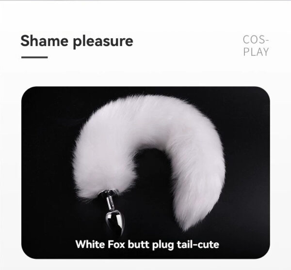 Playful white fox tail butt plug enhances cosplay with a cheeky, whimsical touch.