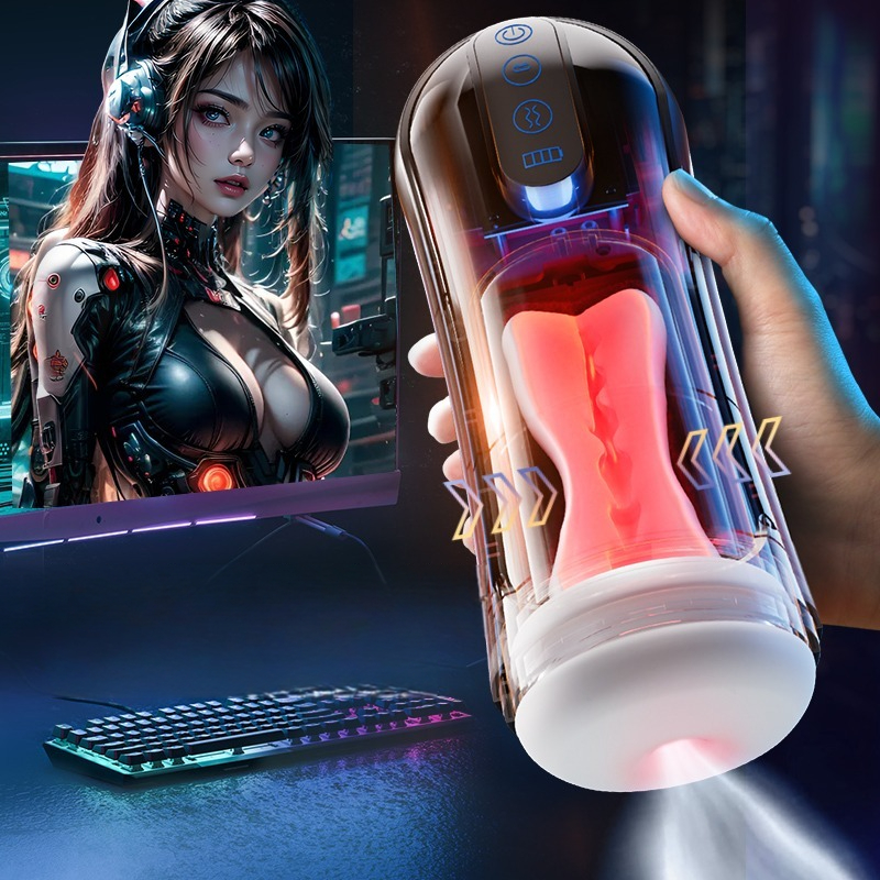 Sleek futuristic gaming device and cybernetic character illustrate modern intimacy and tech allure.