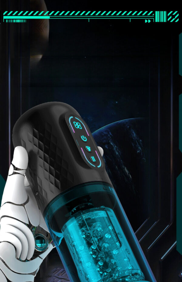 Futuristic water filtration device with turquoise liquid, sleek design, and robotic interaction in space.