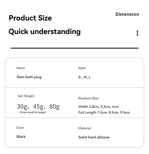 Gem butt plug specifications: sizes, weights, dimensions, colors, and materials for informed purchases.