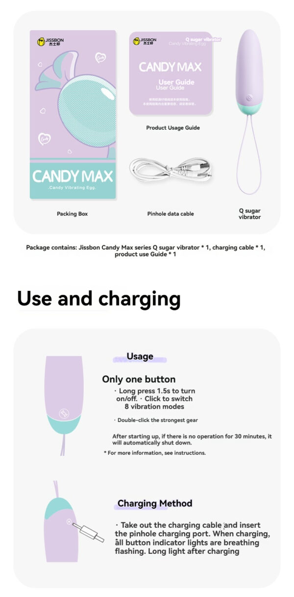 Jissbon Candy Max vibrator packaging with user guide, sleek design, and vibrant pastel colors.