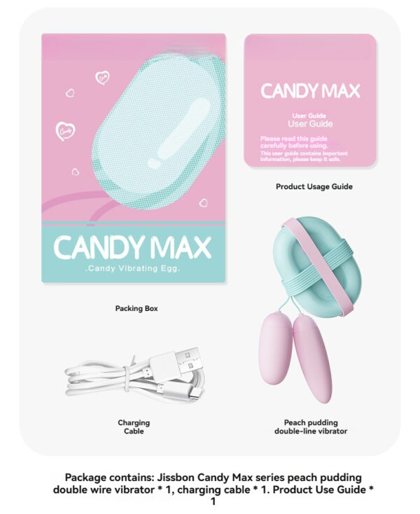 Jissbon Candy Max vibrating egg with user guide and charging cable in vibrant packaging.