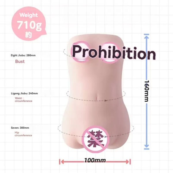 Stylized mannequin torso with measurements, weight, and prohibition symbols for garment fitting guidelines.