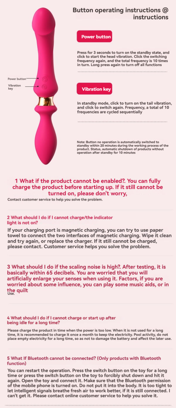 Vibrant pink vibrator instructions for use, features, troubleshooting, and customer support details.