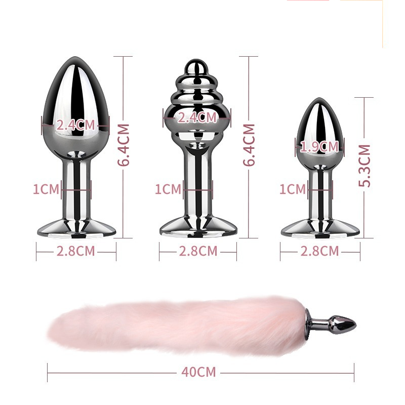 Stylish metallic anal plugs with playful pink tail for enhanced pleasure and exploration.