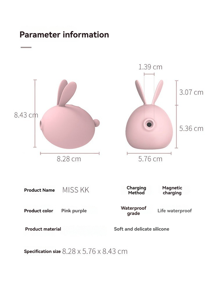 Cute pink-purple bunny-shaped silicone vibrator with magnetic charging and waterproof design.