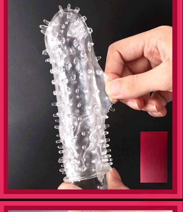 Textured transparent pleasure sleeve for enhanced intimacy and tactile experiences.