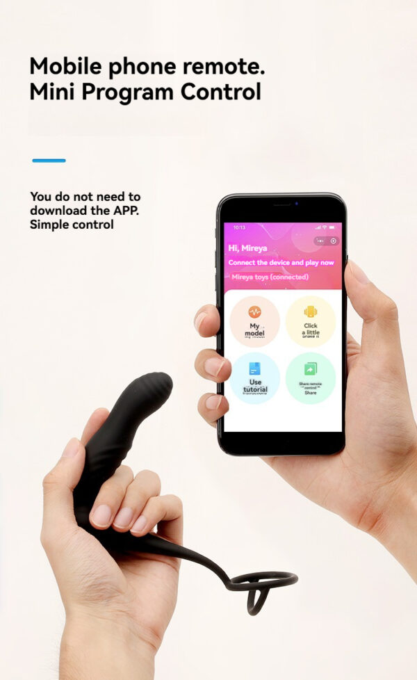 Hands holding a smartphone and remote for a personal massager app control device.