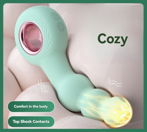 Sleek teal personal massager with pink accents for comfortable relaxation and pleasure.