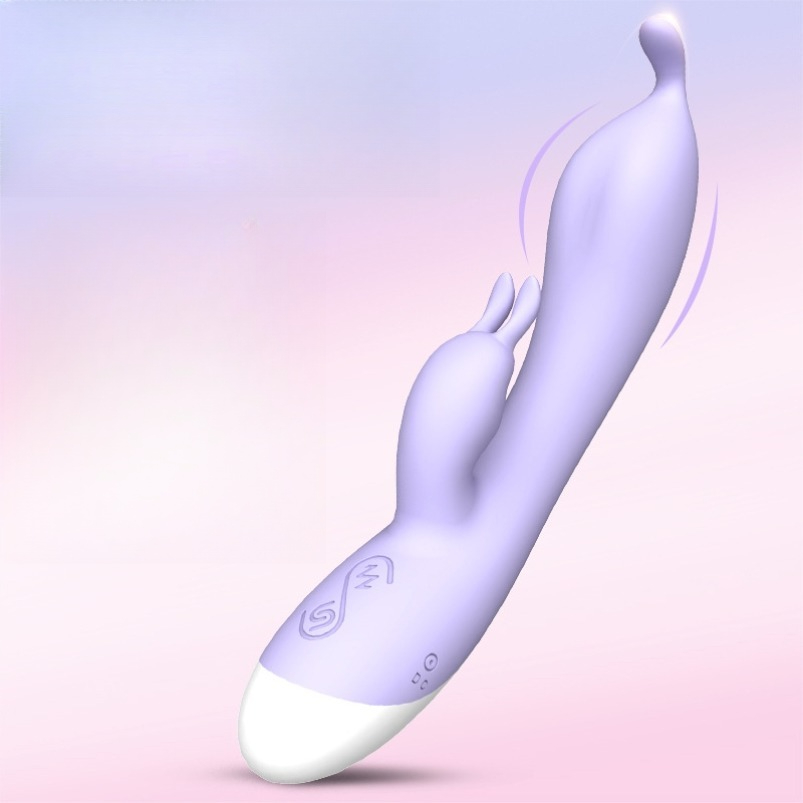 Whimsical lavender silicone pleasure device with rabbit ears for personalized wellness experiences.