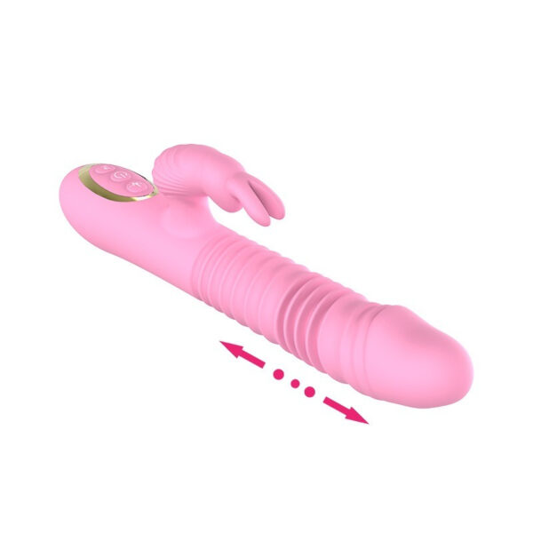 Pink ribbed vibrator with rabbit ears, offering versatile stimulation for enhanced pleasure.