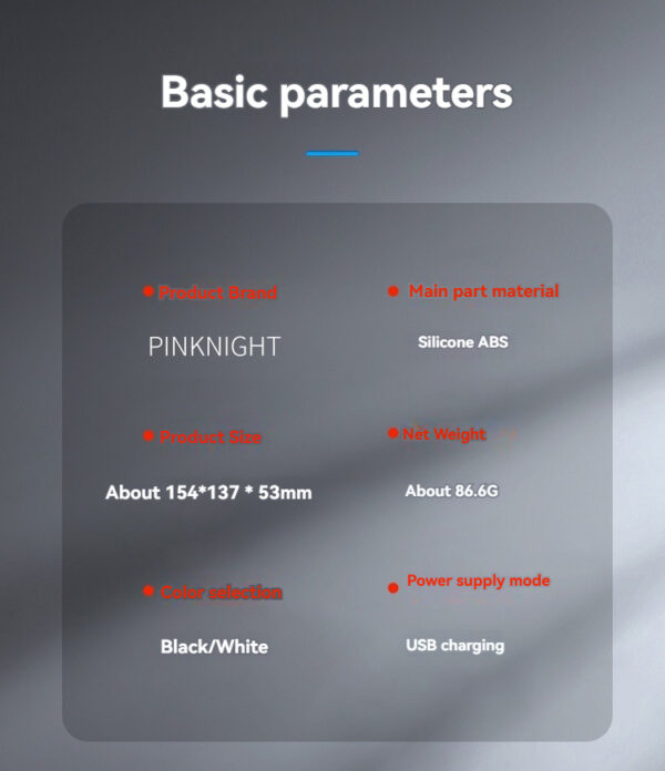 PINKNIGHT product parameters: compact, lightweight, silicone ABS, USB charging, black and white options.