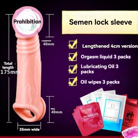 Pink semen lock sleeve device with lubricant and hygiene products for enhanced sexual wellness.