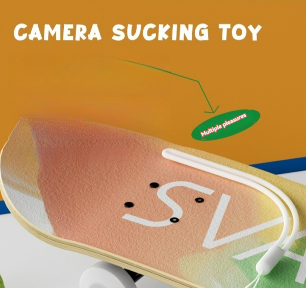 Colorful skateboard camera toy featuring suction design for playful experiences and versatility.