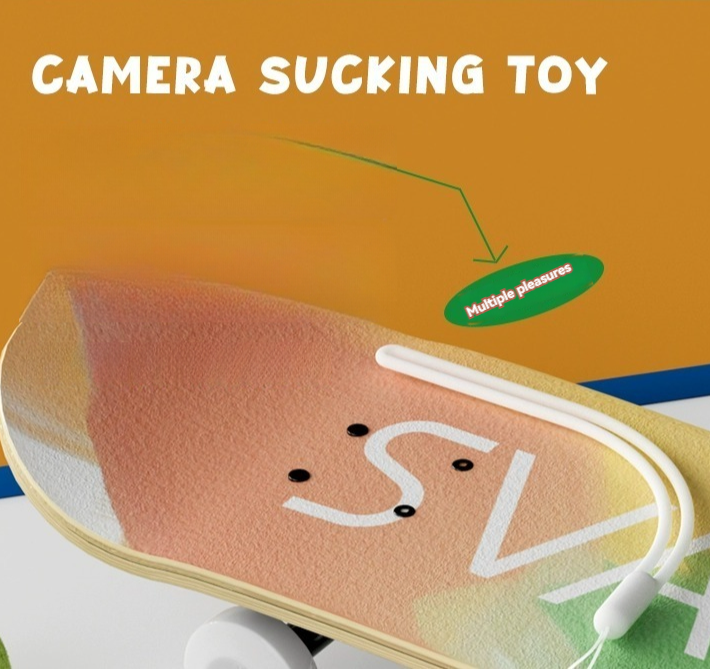 Colorful skateboard camera toy featuring suction design for playful experiences and versatility.