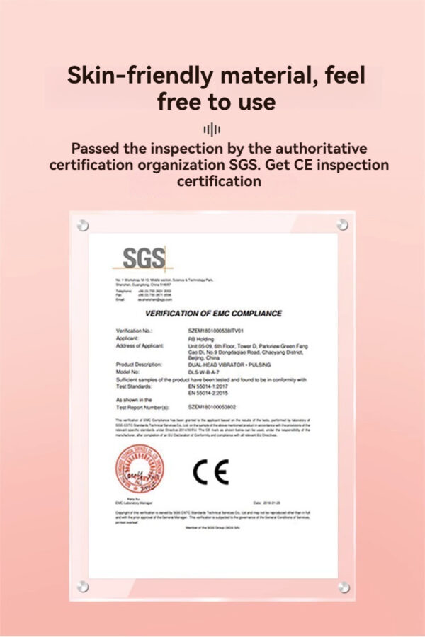 SGS certification for a skin-friendly dual-head vibrator, ensuring quality and safety standards.