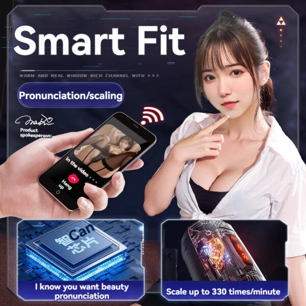 Stylish woman promoting Smart Fit tech for enhanced video calls and social interactions.