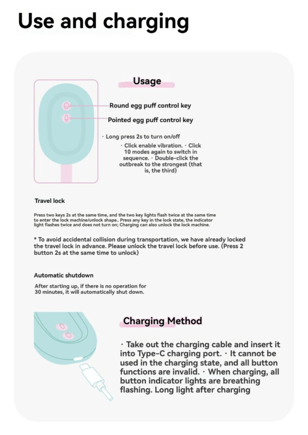 Device usage and charging guide for versatile vibrating sex toys with travel lock feature.