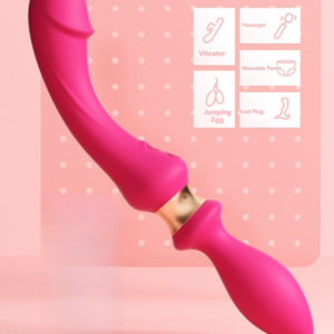 Sleek pink vibrator on soft background, showcasing modern design and playful adult toy icons.