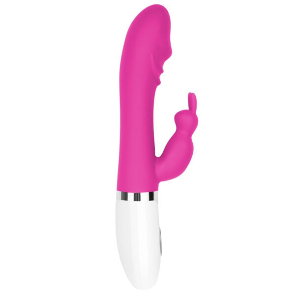 Vibrant pink dual-stimulation vibrator with unique design for enhanced pleasure and comfort.