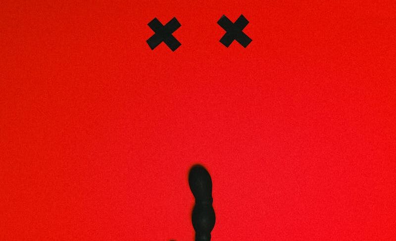 Artistic display of a black silicone vibrator on a vivid red background with cross marks.