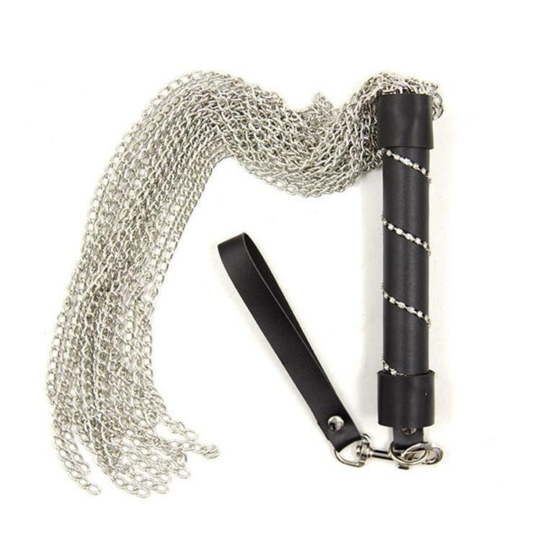 Elegant whip accessory with a sleek handle and shimmering chain strands for playful seduction.