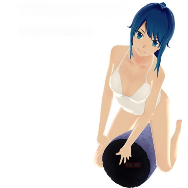 Anime-personage met blauw haar in bikini, speels in interactie met een paars kussen.