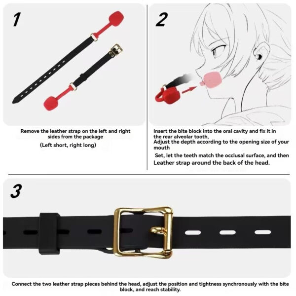 Step-by-step guide for assembling a bite block with leather straps for optimal use.