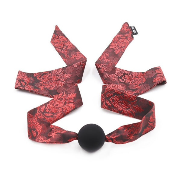 Elegant black ball gag with silky red ribbons for stylish restraint play.