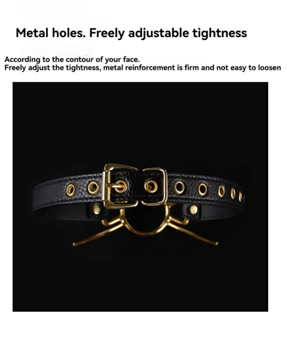 Stylish black leather choker belt with gold buckle and adjustable metal holes for personalized fit.