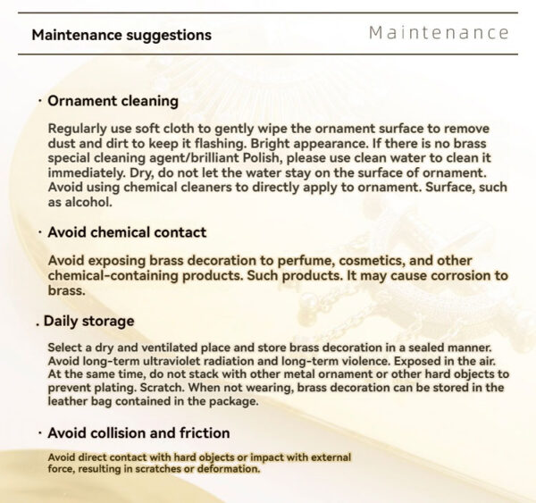 Brass maintenance guide for ornaments: cleaning tips, chemical avoidance, and safe storage methods.