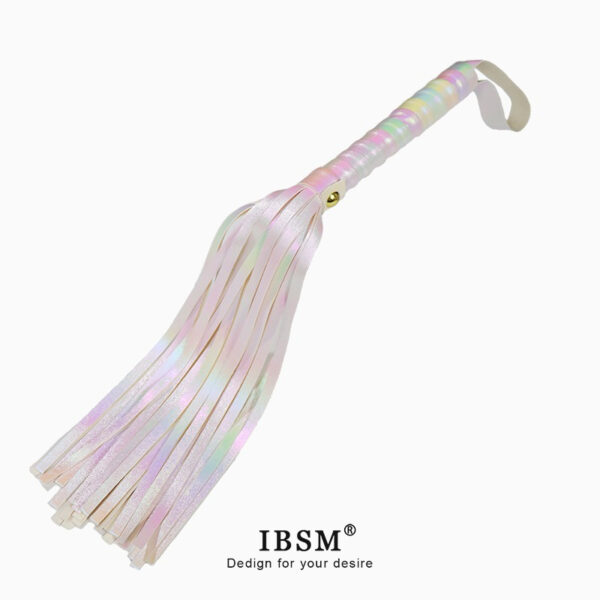 Colorful decorative whip with iridescent handle, perfect for playful and elegant enjoyment.