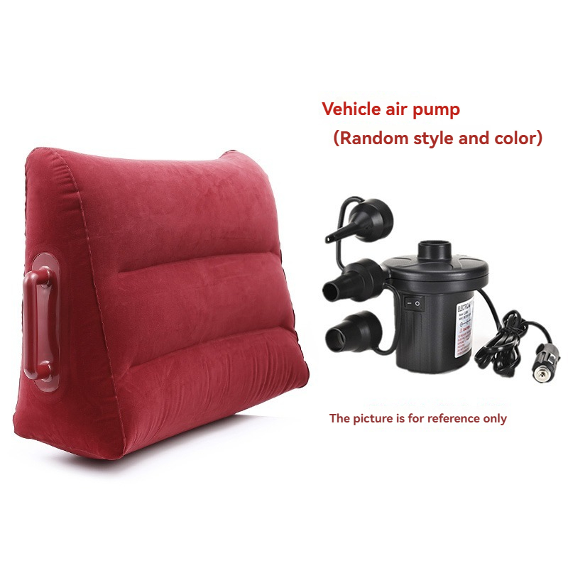 Red inflatable cushion with a portable air pump, perfect for outdoor fun and comfort.