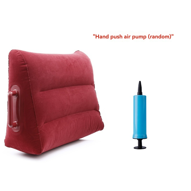 Red inflatable pillow and blue hand pump for travel comfort and relaxation.