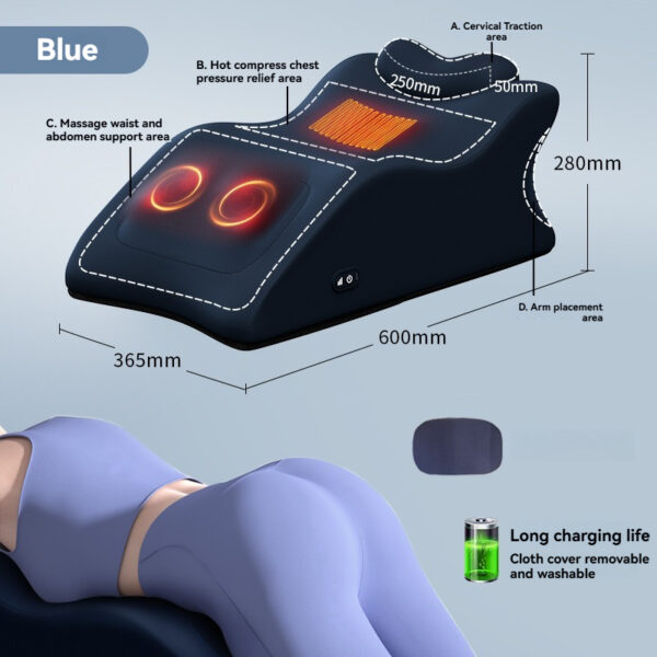 Strak blauw ergonomisch massageapparaat voor ontspanning, met warmtetherapie en gerichte lichaamsondersteuning.