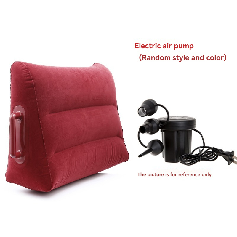 Vibrant red inflatable pillow with electric pump for comfort during travel and relaxation.