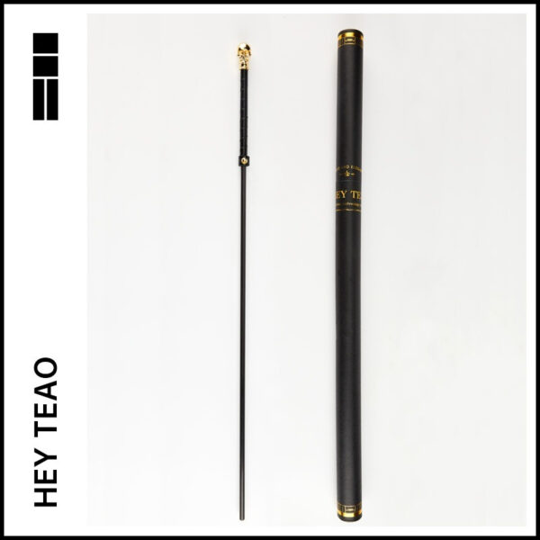 Elegant black cane with skull handle and protective case for stylish accessory lovers.