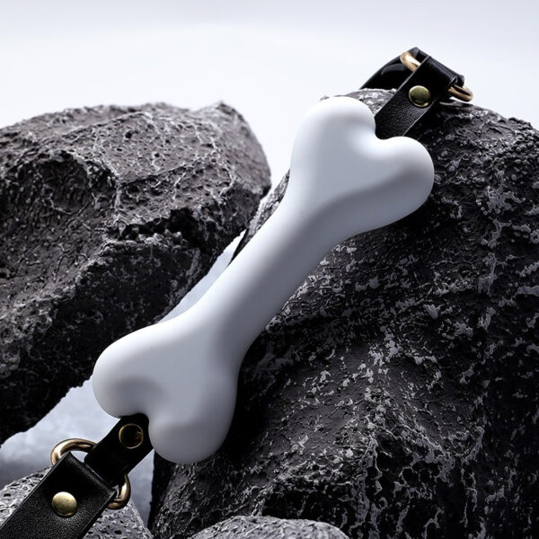 Whimsical white dog bone toy on volcanic rocks, blending style and functionality for pet lovers.