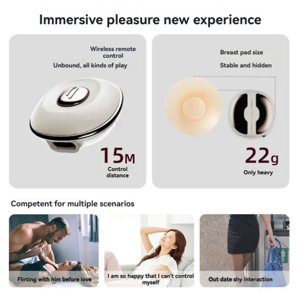 Wireless remote control pleasure device with discreet breast pad for enhanced intimacy and playfulness.