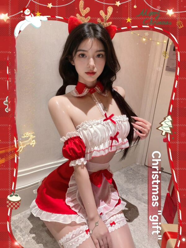 Festive woman in playful Santa costume spreads Christmas joy in vibrant red and white attire.