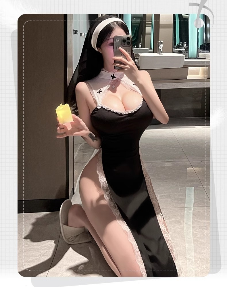 Playful nun-inspired outfit with candle and smartphone in modern bathroom setting.